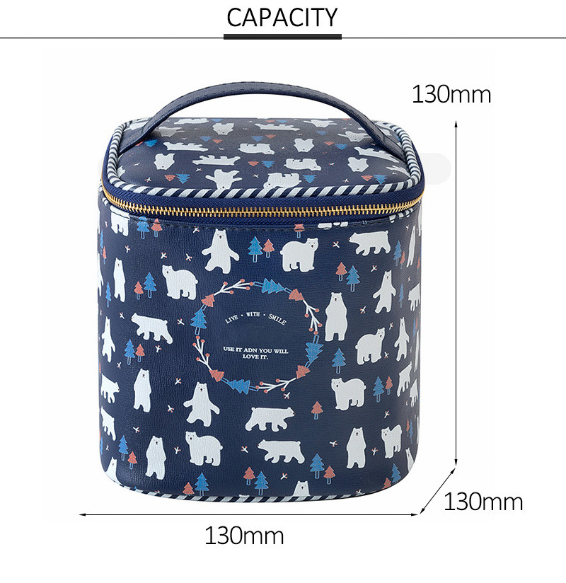 Barrel Shape Professional Travel Cartoon Printed PU Leather Cosmetic Bag