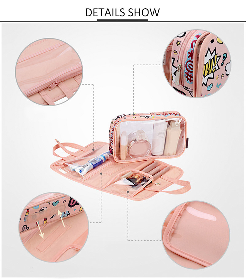 Pink Cute Full Cartoon Pattern Polyester Cosmetic Toiletry Bag