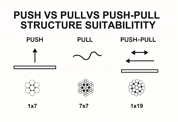 Structure suitability diagram showing push-only, pull-only, and push-pull cable core recommendations for mechanical control cables, including 1x7, 1x19, 7x7, and 7x19 configurations.