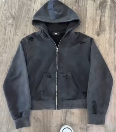 Solid Acid Wash Sun Faded Distressed Custom Full Zip Up Hoodies Coat with Fur Collar