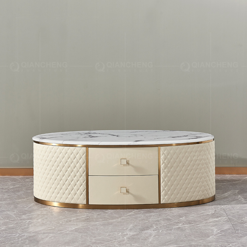 Beige Coffee Dining Table With 2 Drawers 20mm Faux Marble On Top Golden Stainless Steel Legs