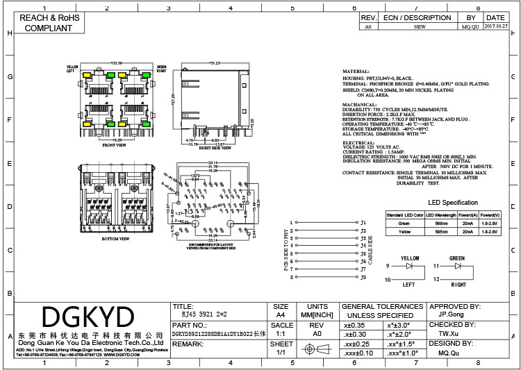 DGKYD59212288DB1A1DY1B022 Stacked 2X2 Multi-Port RJ45 Network Socket With Light Strip Shielding Data Communicationce