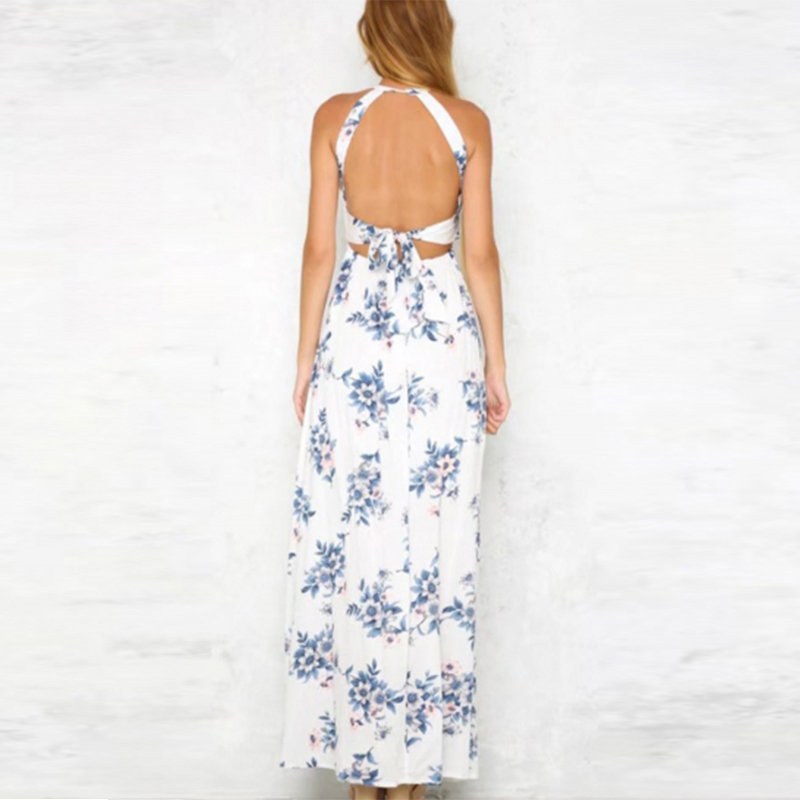 Bohemian Halter Backless Sleeveless Floral Printed Slit Maxi Long Dress for Woman