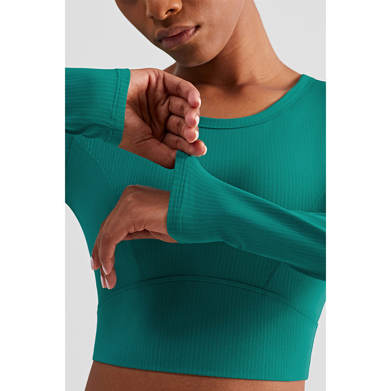 Rib Striped Ladies Yoga Tops Active Stretch Fitness Long Sleeve Yoga Crop Top