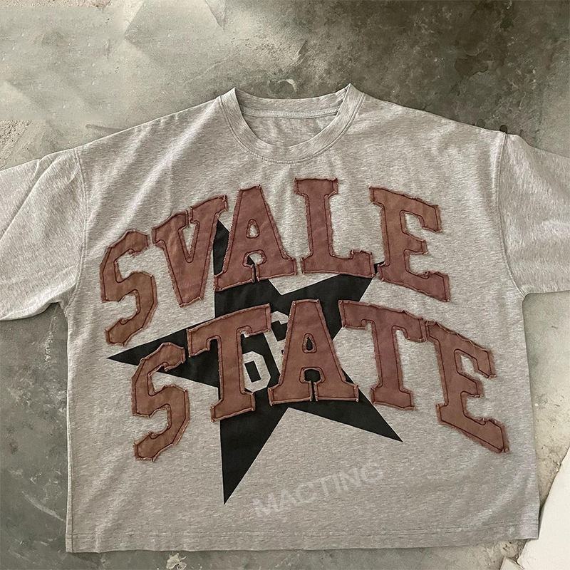 Custom Summer Heavyweight Vintage Distressed Patch Embroidery Acid Wash Cotton T-shirt Men