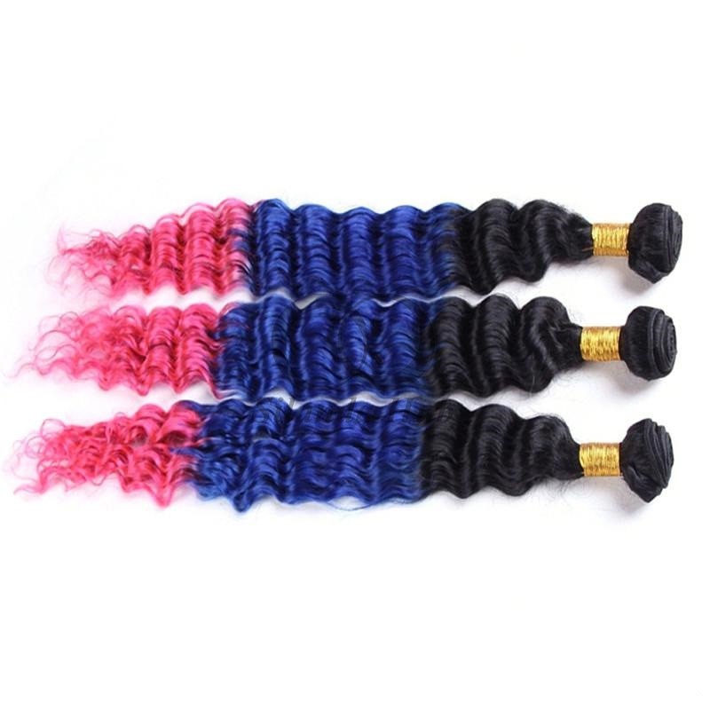 #T1B/Blue/Pink Deep Wave Remy Human Hair Bundles Sew In Weave Bundles Brazilian Bundle Deals