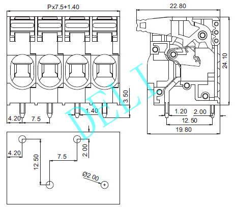 Durable PCB Connector Pitch Spring Clamp Right Angle Terminal Block DL206A-XX-7.5