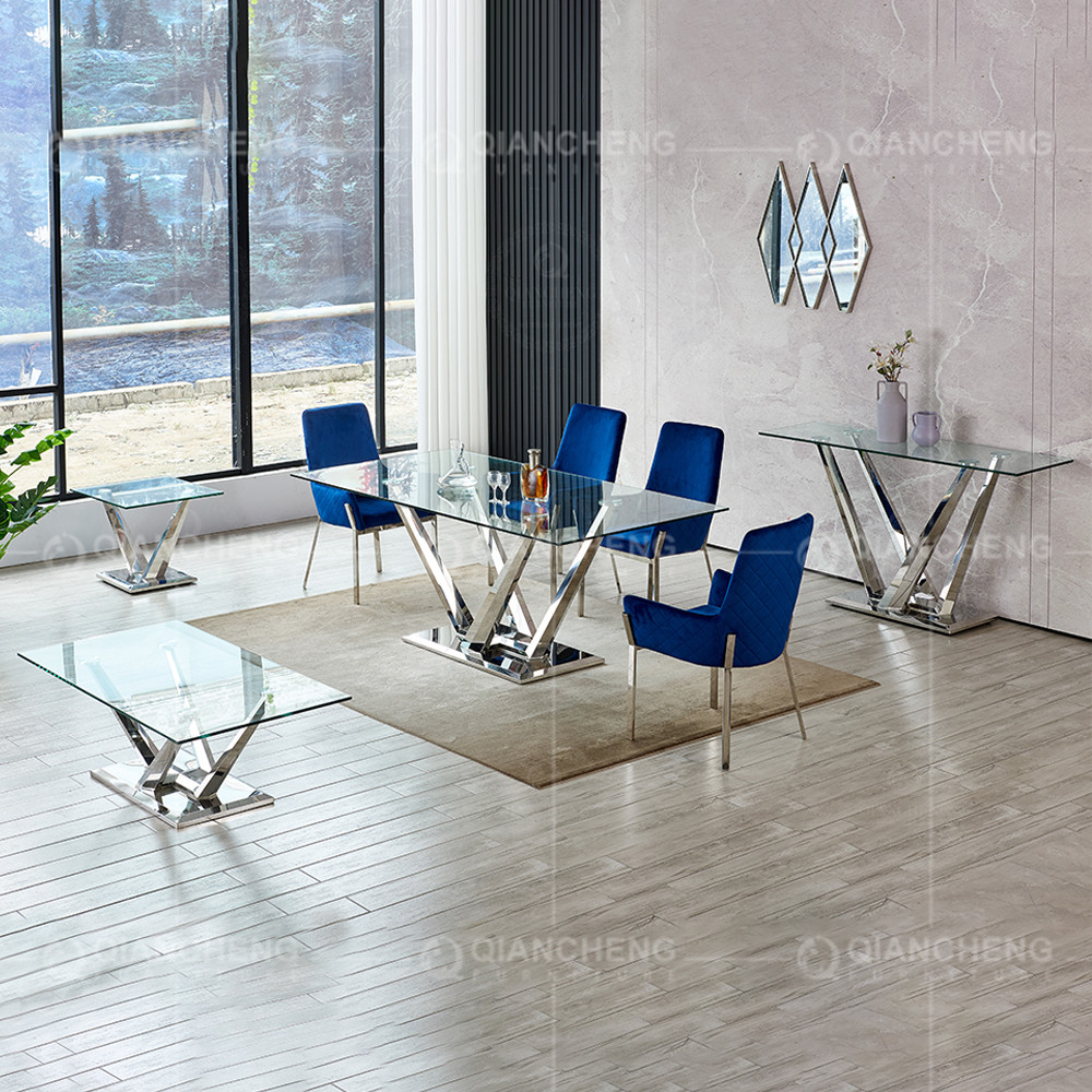 Tempered Glass Metal Leg Dining Table Set Home Furniture with 8 Seater