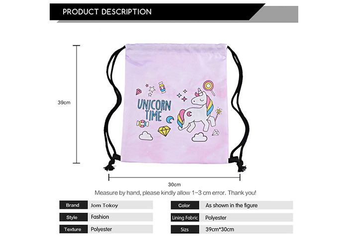 Transfer Print Polyester Drawstring Bag Backpack Unicorn Printed For Kids