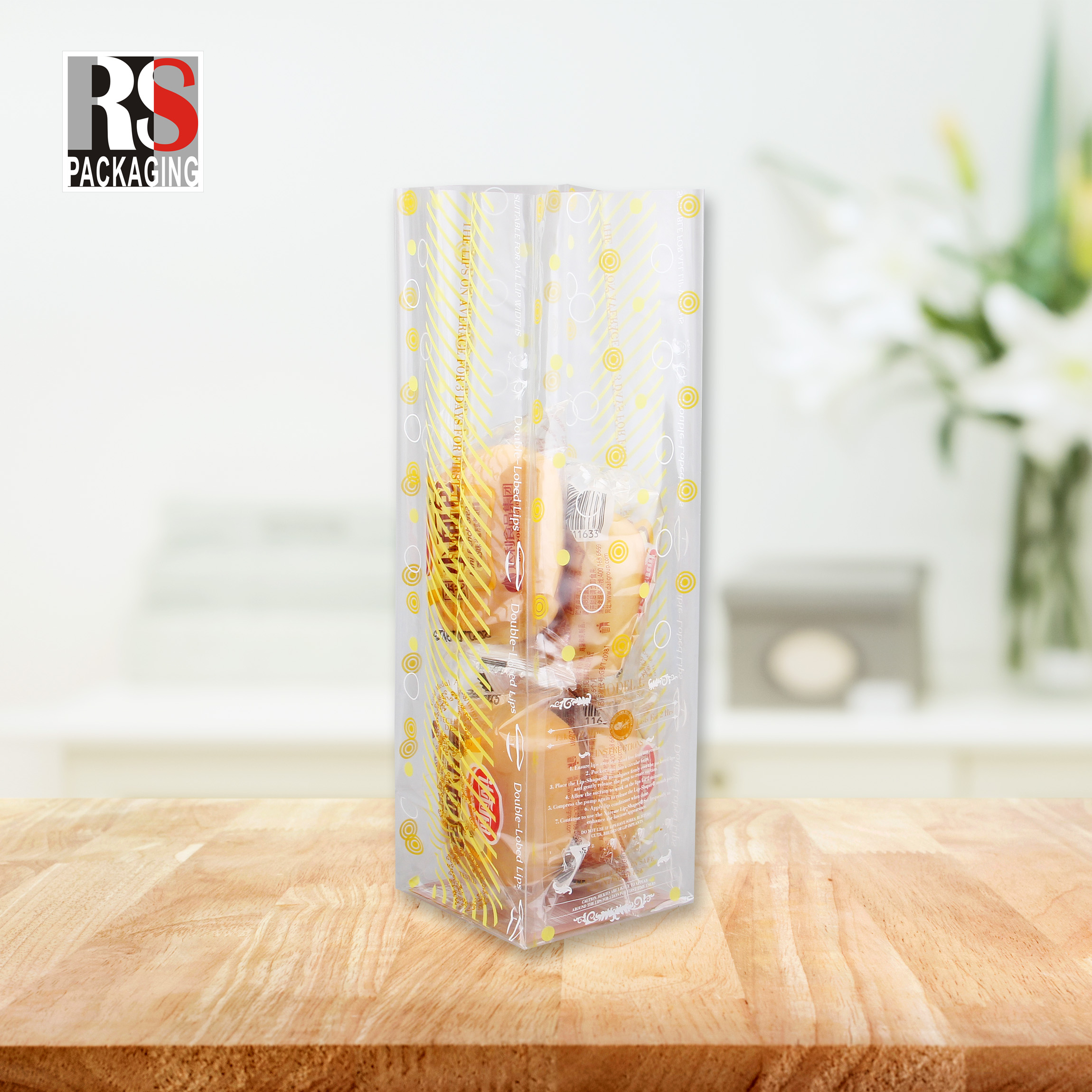 Food Poly Packaging Bags With Small Cross Block Stand And Square Transparent Bottom