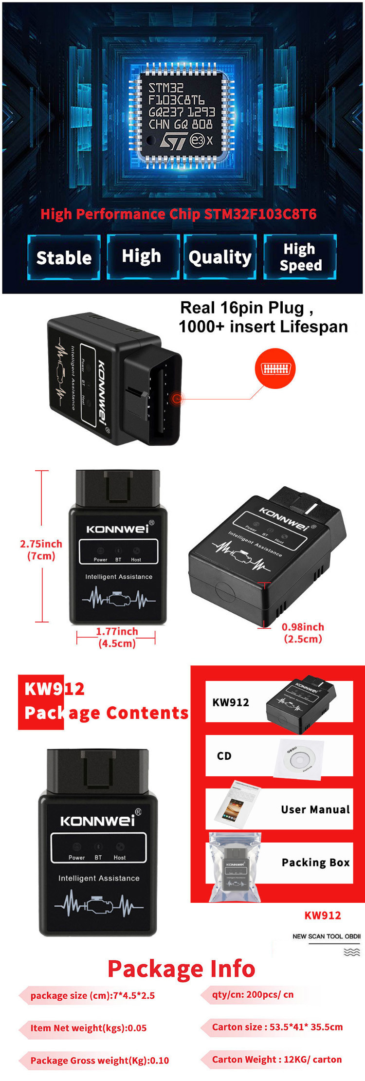 KONNWEI KW912 12V ELM327 Wireless OBD2 Scanner OBD2 EOBD