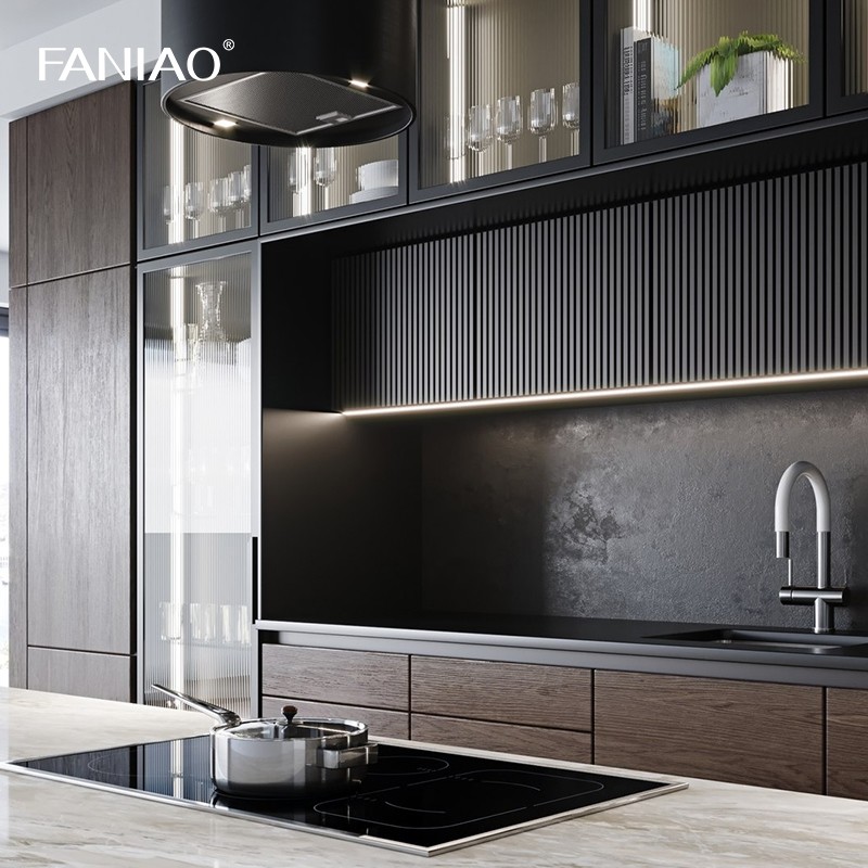 Modern Simple Design Glass Door Kitchen Furniture Popular Luxury Wood Grain Kitchen Cabinets For Villa