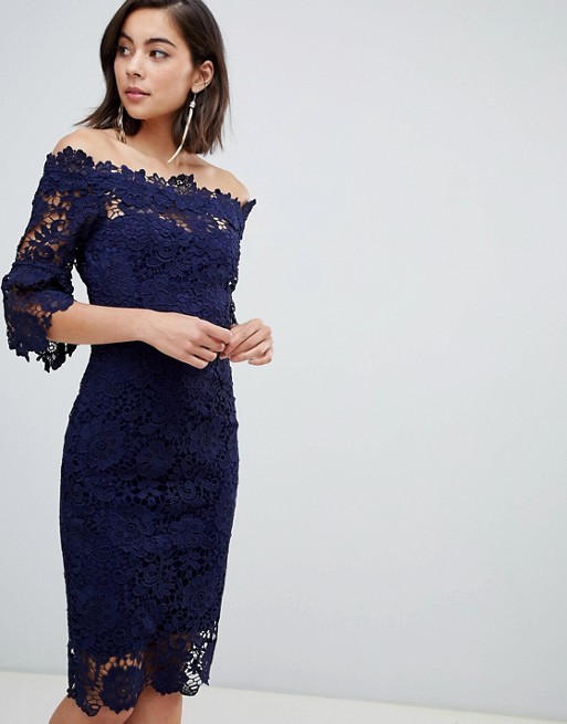 custom make off shoulder frill sleeve navy crochet dress