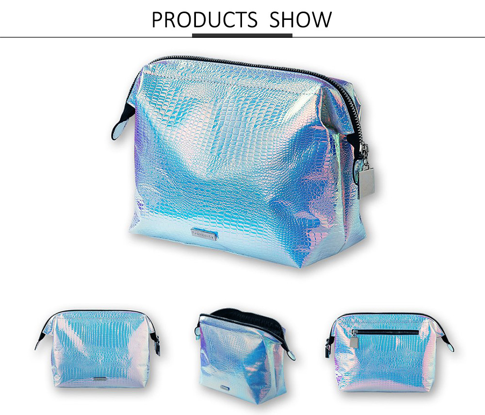 Portable Zippered PU Leather Holographic Cosmetic Bag