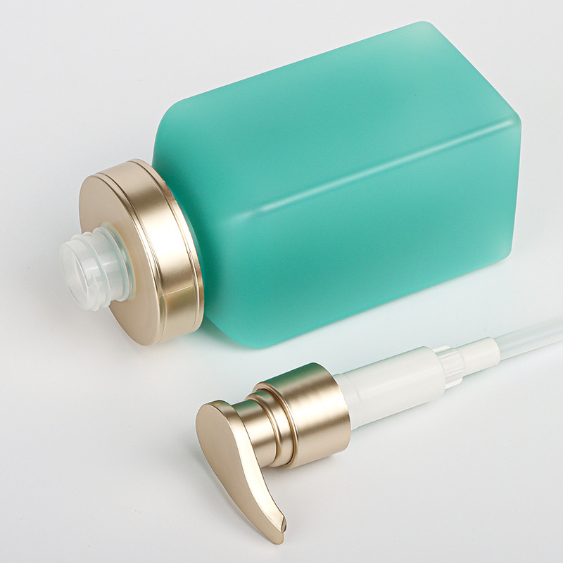 Luxury Gold Top Press Pump Green Body Lotion Container Packaging Plastic Shampoo Square Bottle