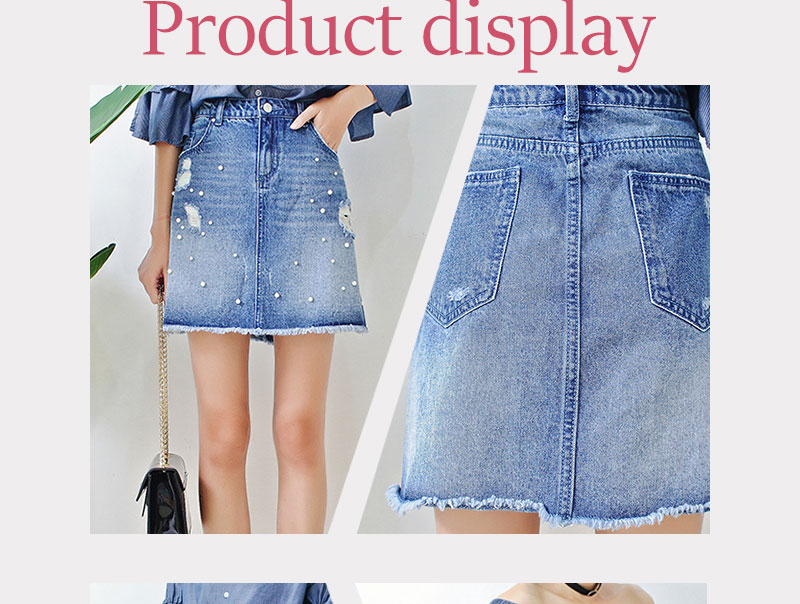 Washed Ladies Denim Pearls A Line Jean Skirt With Hole , Blue Jean Mini Skirt