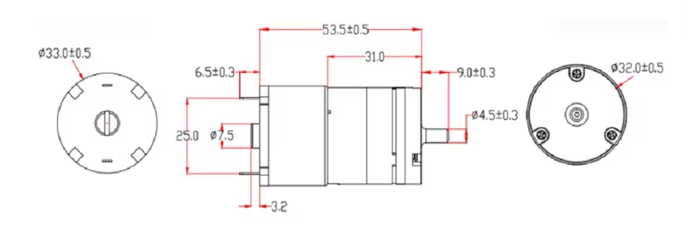 RK-520 12V 24V  Dual Shaft  DC Electric Motors With Pump Dimension