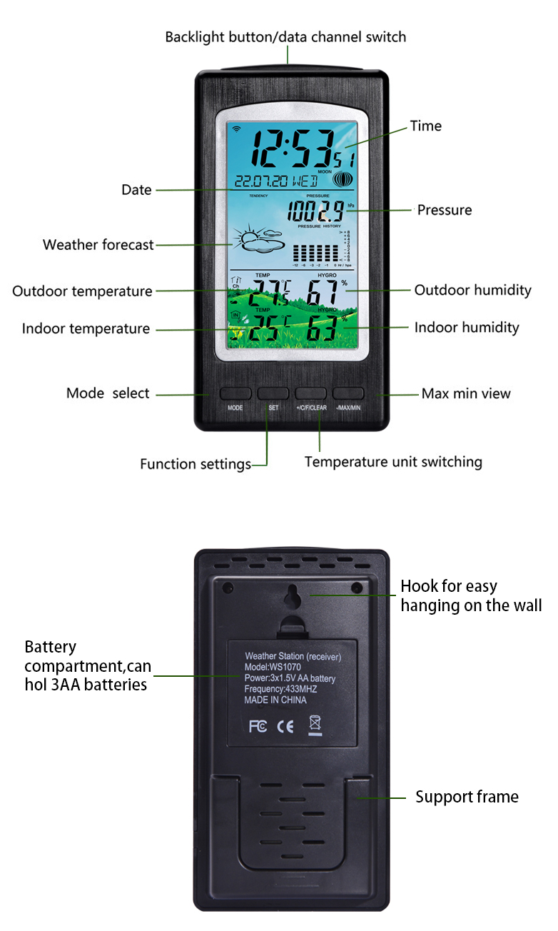 WS1070C Household Wireless Thermometer And Hygrometer With Moon Phase And Temperature Accuracy ±1 ° C