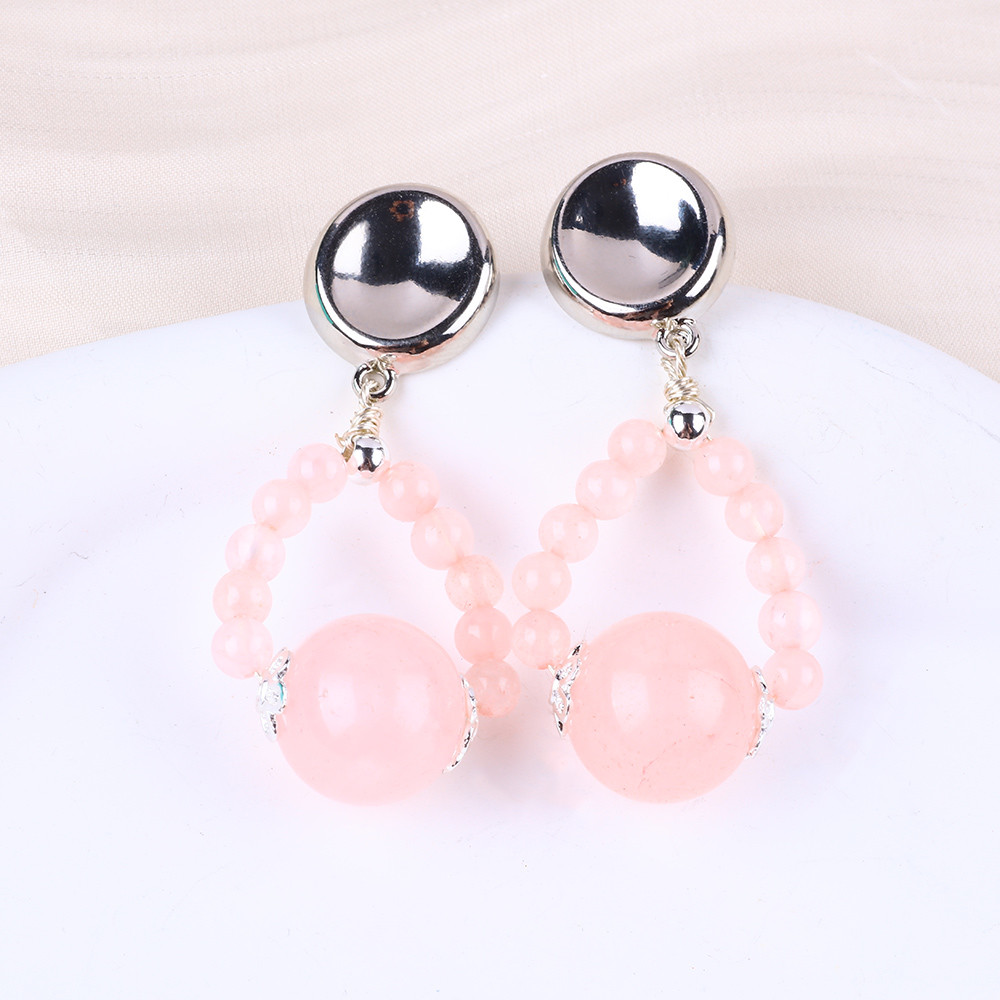 Handmade Crystal Stone Earrings Rose Quartz Gemstone Beaded Pendant Earrings