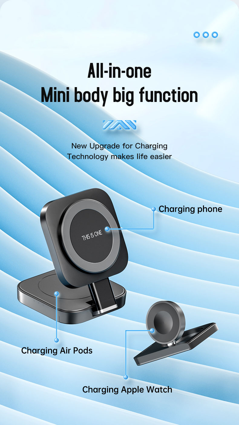 Foldable 3 In 1 Wireless Charger Stand with 15W Fast Charging and Magnetic Design