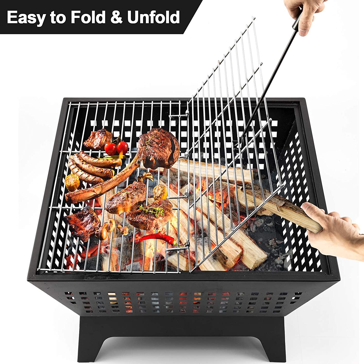 Outdoor 24.4'' Wood Burning Brazier Burning Fire Pit Heavy Duty Grille Black