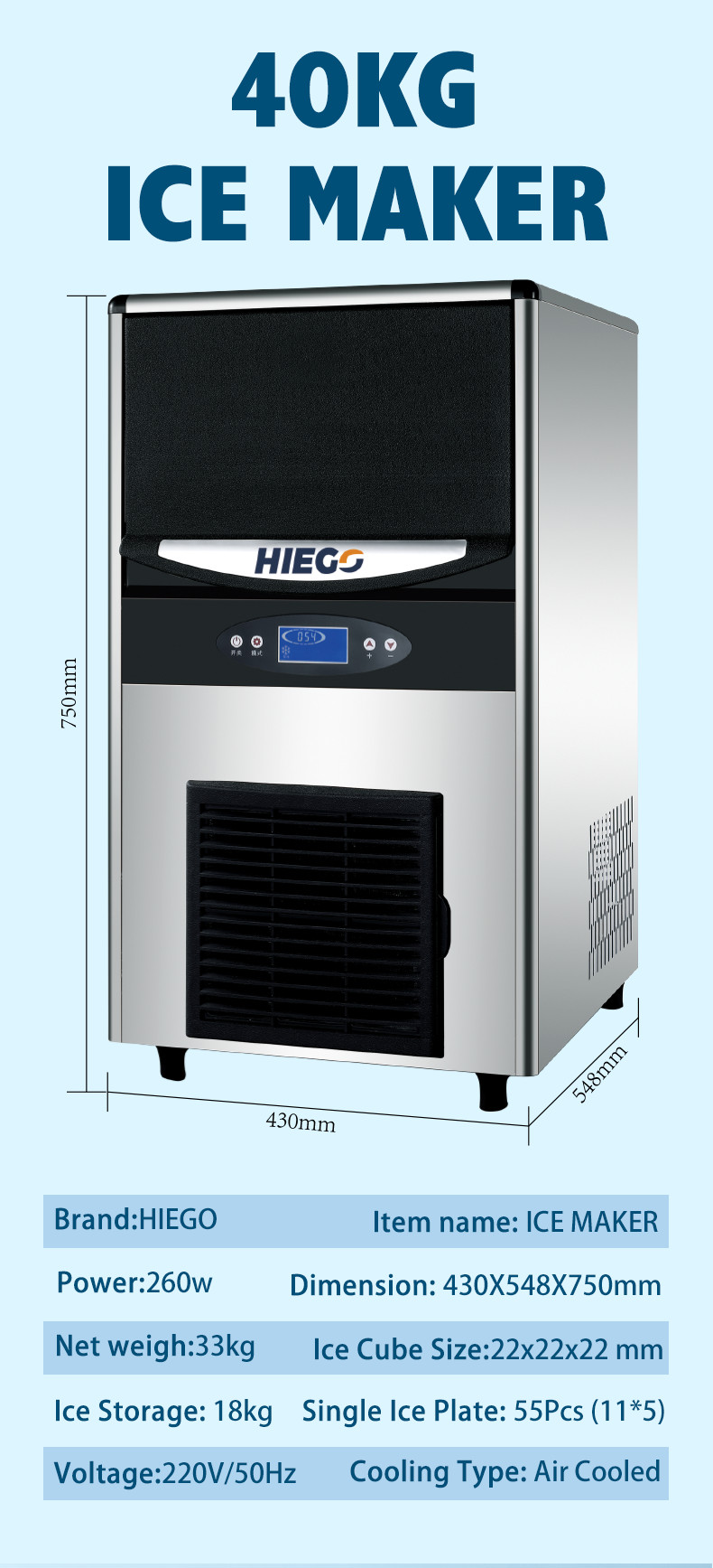 40kg Commercial Automatic Ice Cube Maker Machine 18kg Storage R290