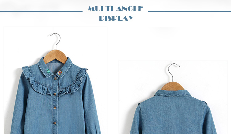 100% Cotton Children Slim Fit Long Ruffles Sleeve Denim Tops With Wood Button Closure