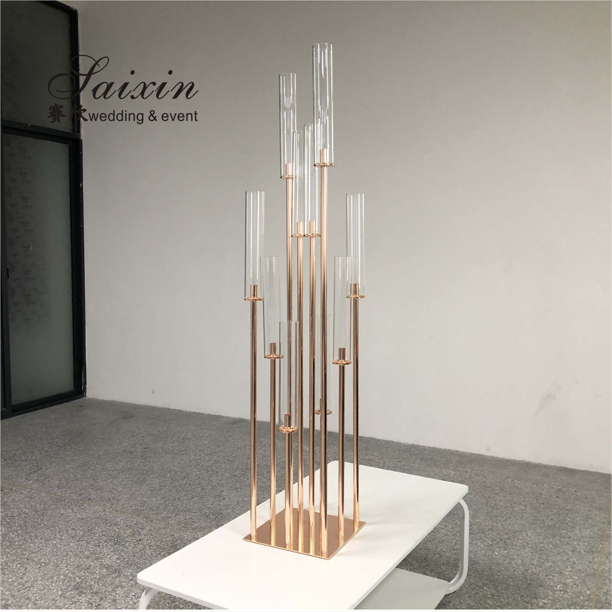 Glass Tube Rose Gold Metal Floor Candelabra Pillar Candlesticks Tall 175cm