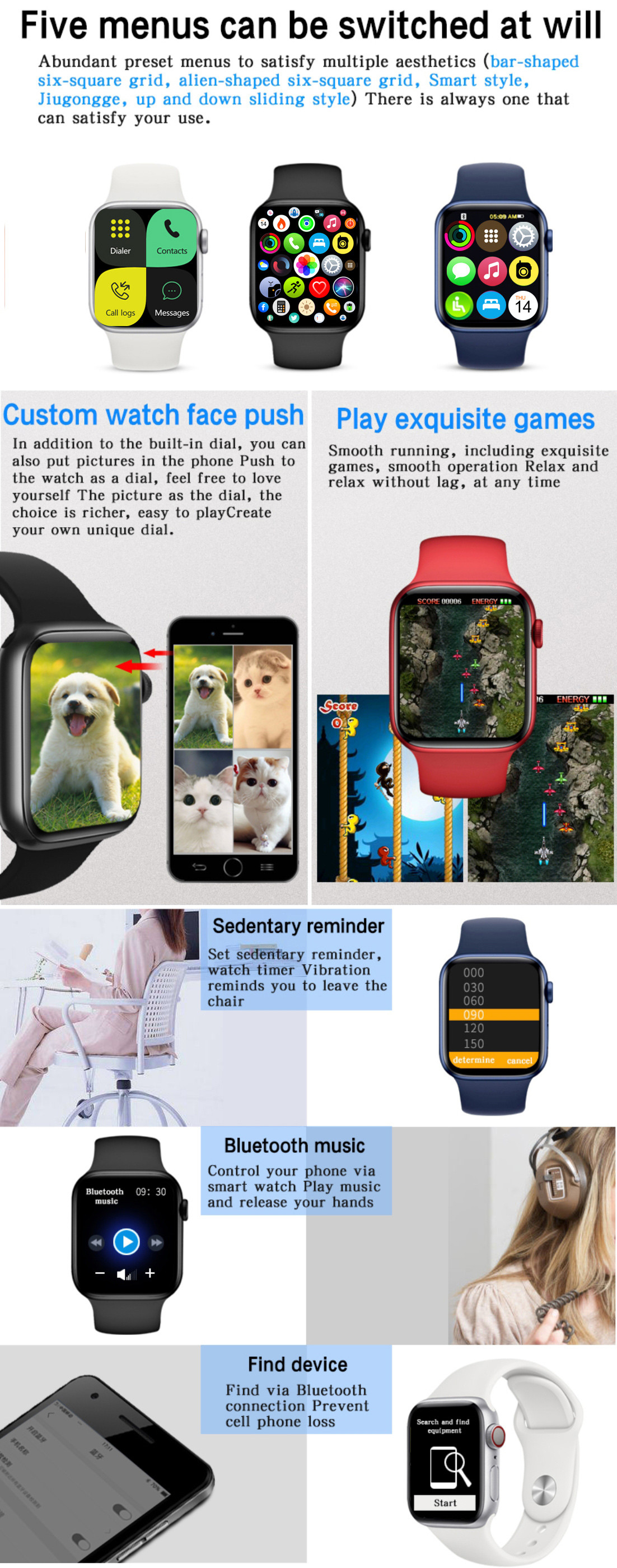 1.75 Inch Ble 3.0 Full Touch Fitness Tracker GTS Blood Pressure Smartwatch