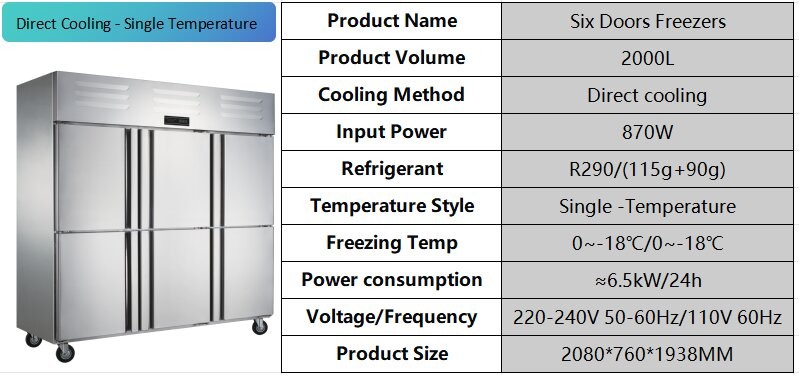 2000L Six Door Commercial Kitchen Freezer Food Grade Dual Temperature Refrigerator