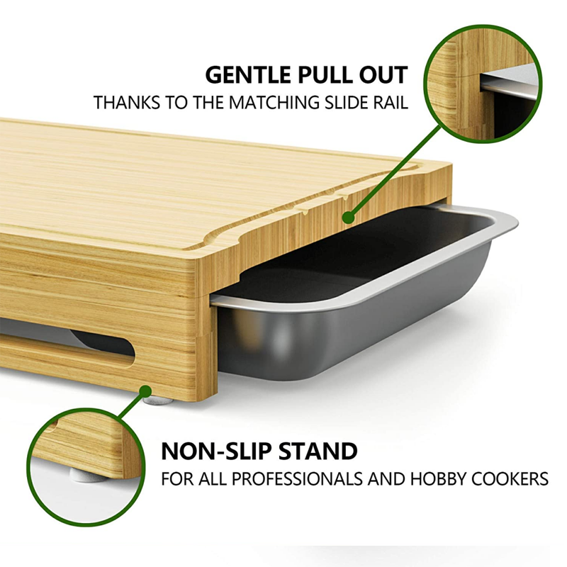 Custom Sustainable Rectangle Bamboo Chopping Board with Stainless Steel Drip Trays