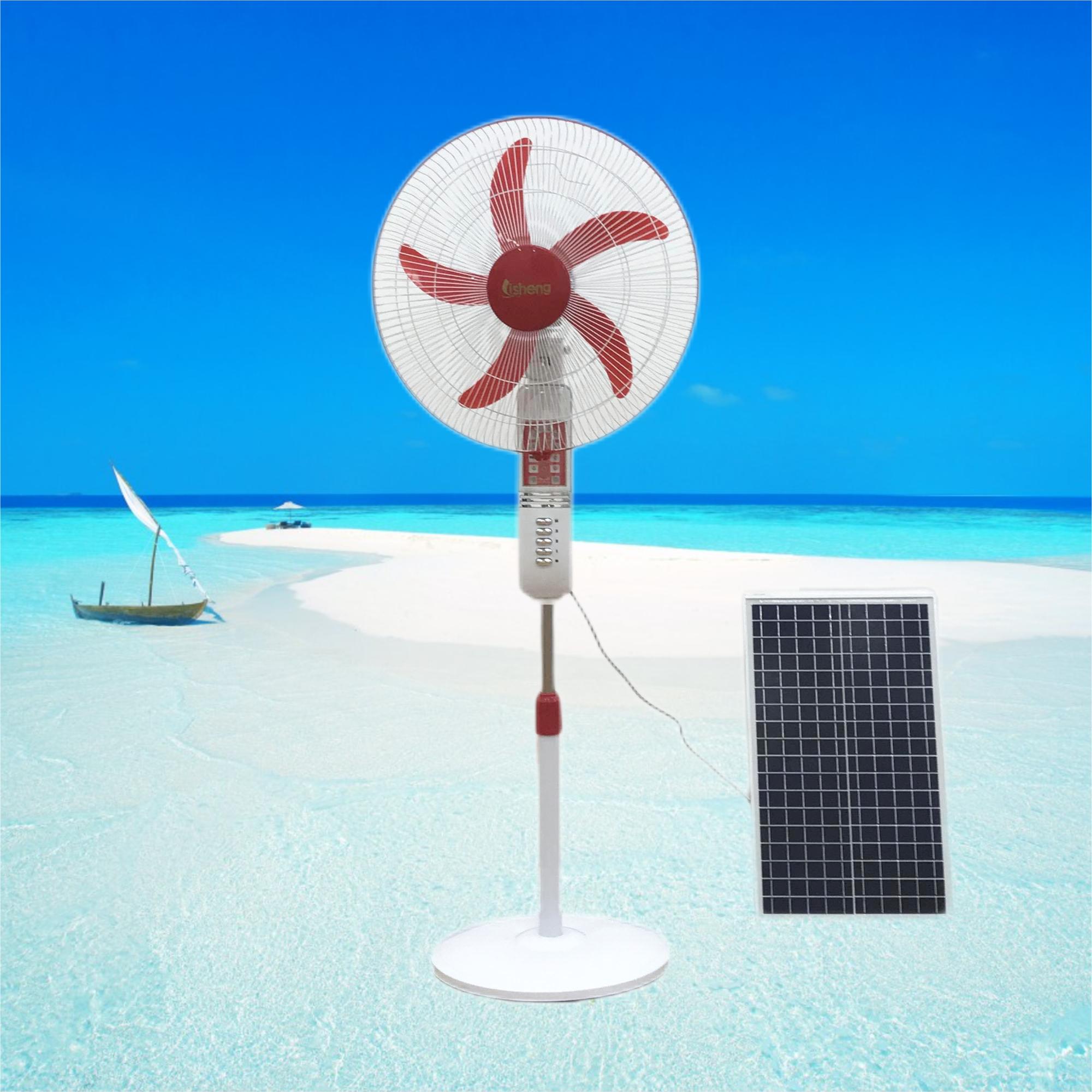 Plastic AC / DC 12V Brush Motor Solar Floor Fan 16 Inch With Led Lights And Solar Panels