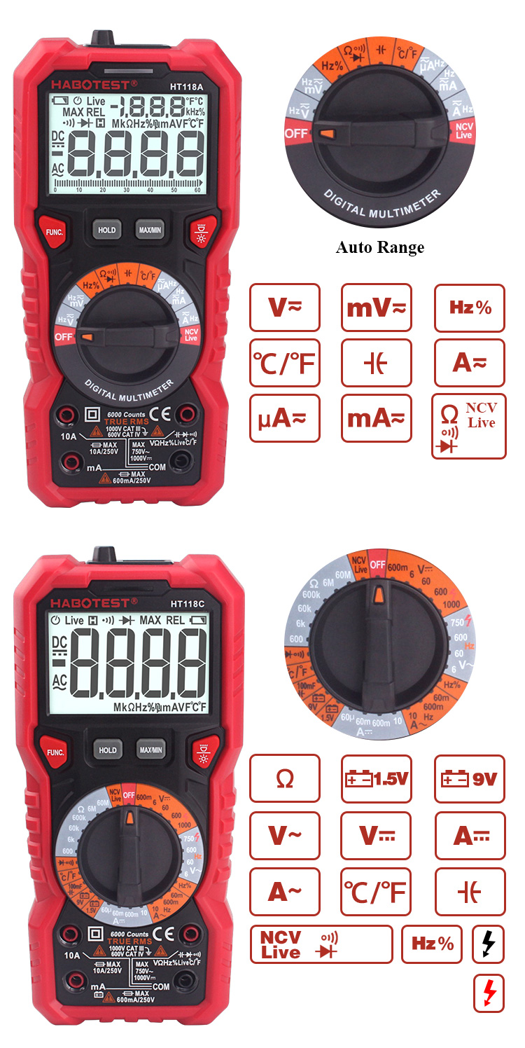 Habotest HT118A 6000 Counts True RMS LCD Smart Multimeter Tester Professional Meter for Capacitance test