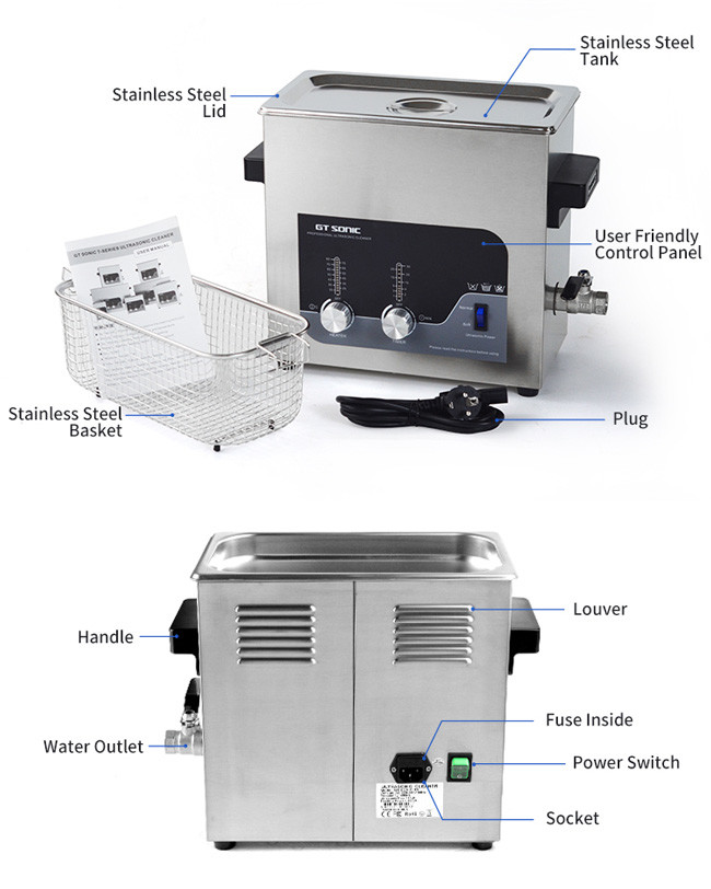 6L 40kHz Laboratory Ultrasonic Cleaner , Temperature Adjustable Sonic Tank 150W 30 Mins
