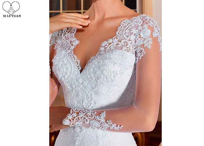 Long Sleeve Lace Mermaid Bridal Gowns Pure White Beading Perspective Back