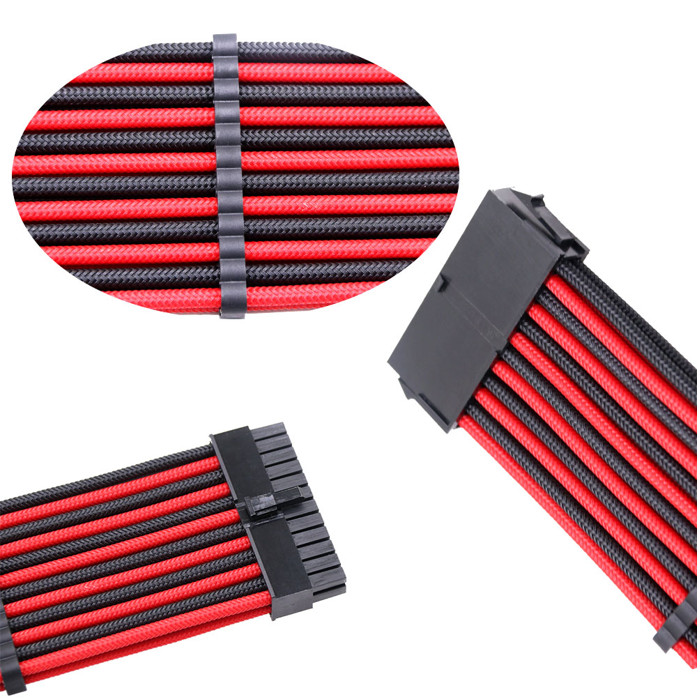 Black & Red Sleeved 24Pin ATX Female to Male PSU Power Extension Cable 18AWG