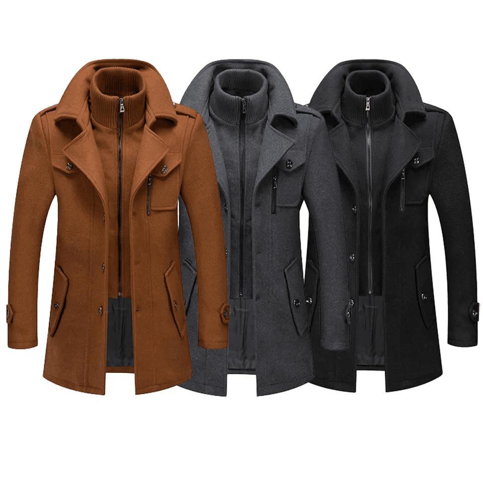 Autumn and Winter New Men&prime;s Double Collar Woolen Warm Plus Size Long Coat Windproof Jacket for Men