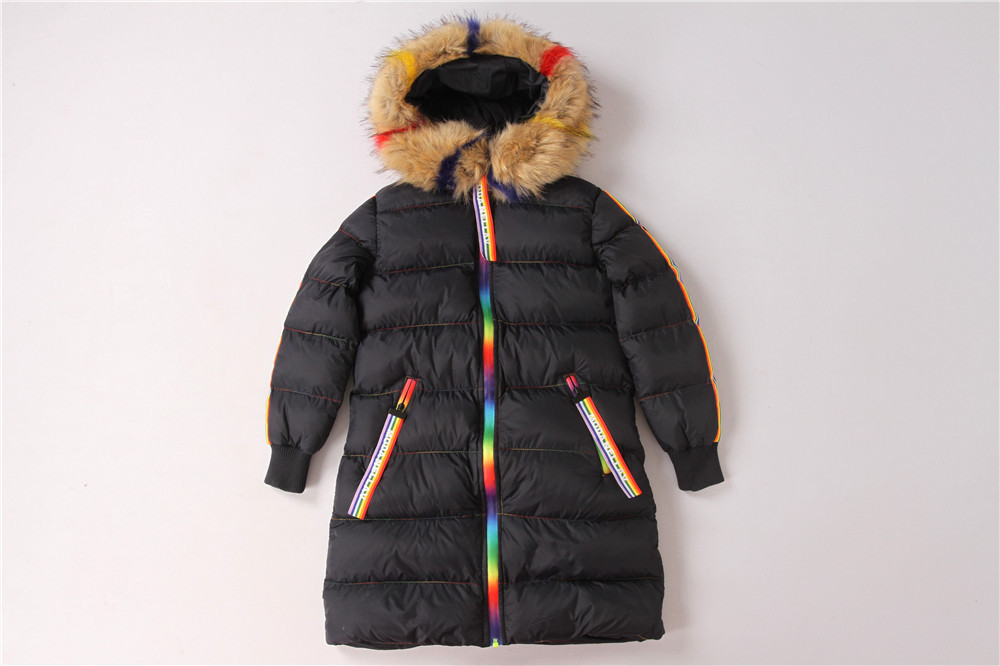 Junior Girls longline coats, Children's longline jacket, Hood Fur, Rainbow zipper
