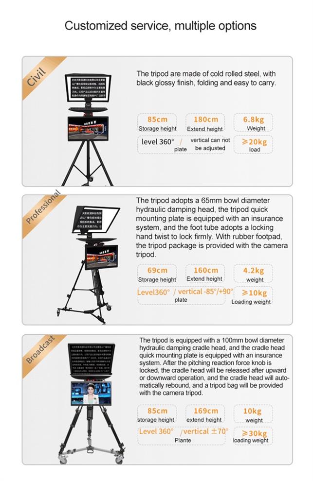 Self-Check Dual Screen 24" Autocue Teleprompter for Broadcasting Studio OEM/ODM Supported