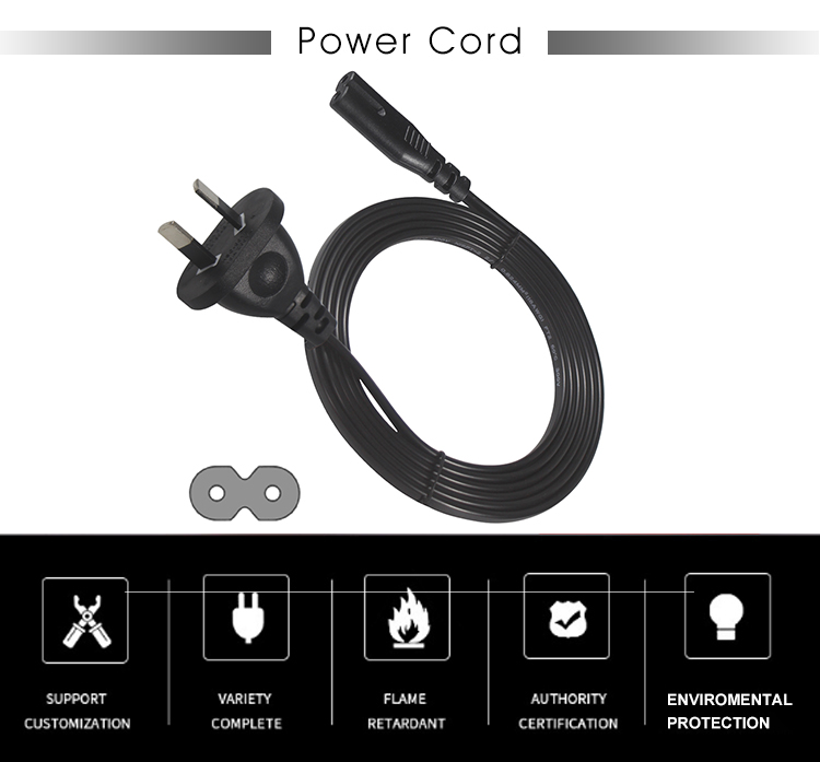 2m SAA Iec Plug H03vvh2f 2X075mm2 Australian 2 Prong Figure 8 Ac Cable End Extension Angle C7 Connector Power Cord