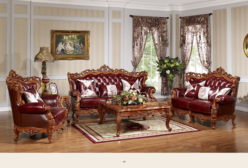 Luxury classic antique European style living room furniture solid wood leather sofa set