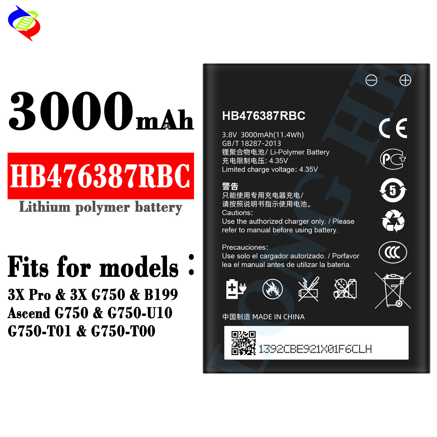Mobile Phone Battery HB476387RBC 3.8V 3000mAh for B199 G750-U10 G750-T01 G750-T00