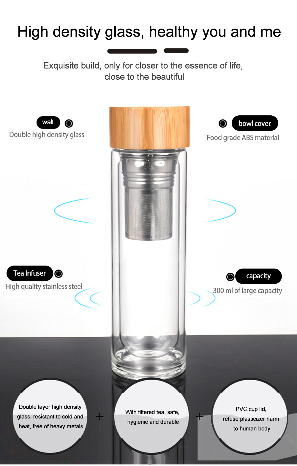 Double Wall High Borosilicate Glass Water Bottle Insulated Tea Infuser OEM