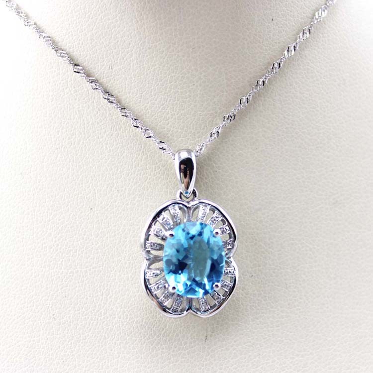 Sterling Silver Wave Chain 9x11mm Blue Topaz Cubic Zirconia Pendant Necklace(P01)