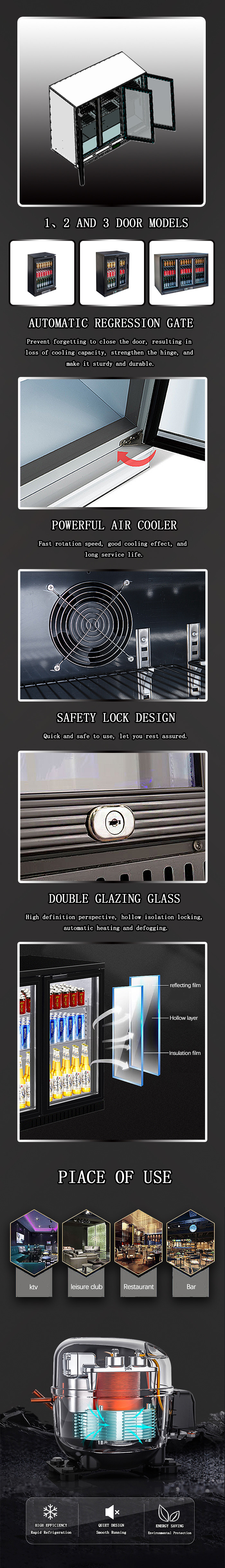 3 Door Undercounter Back Bar Cooler Internal LED Light Ventilated Cooling System