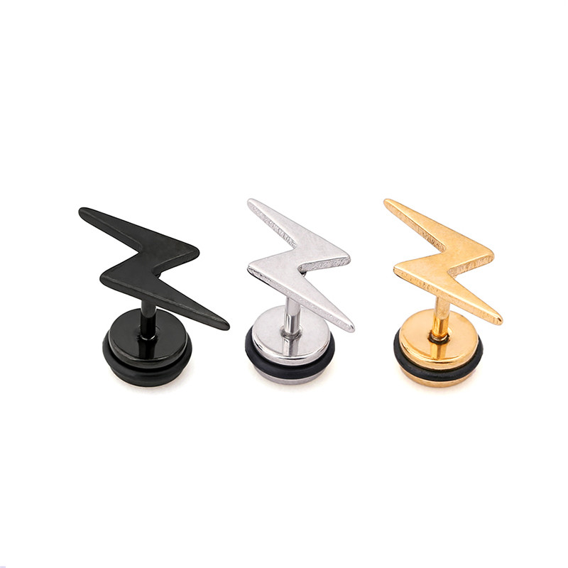 High Quality Vintage Punk Black Titanium Steel Earrings Cool Lightning Small Stud Earrings for Men and Women
