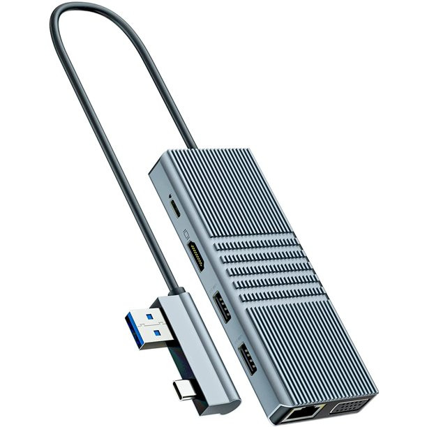 USB 3.1 Type C to 9 Ports USB3.0 Hub with Gigabit Ethernet RJ45 Lan Port Adapter Gray