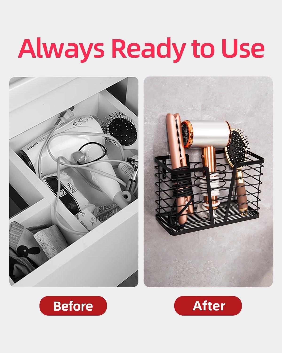 Modern Style Hair Tool Organizer for Wall Mounted Hair Dryer Bathroom Cabinet Holder