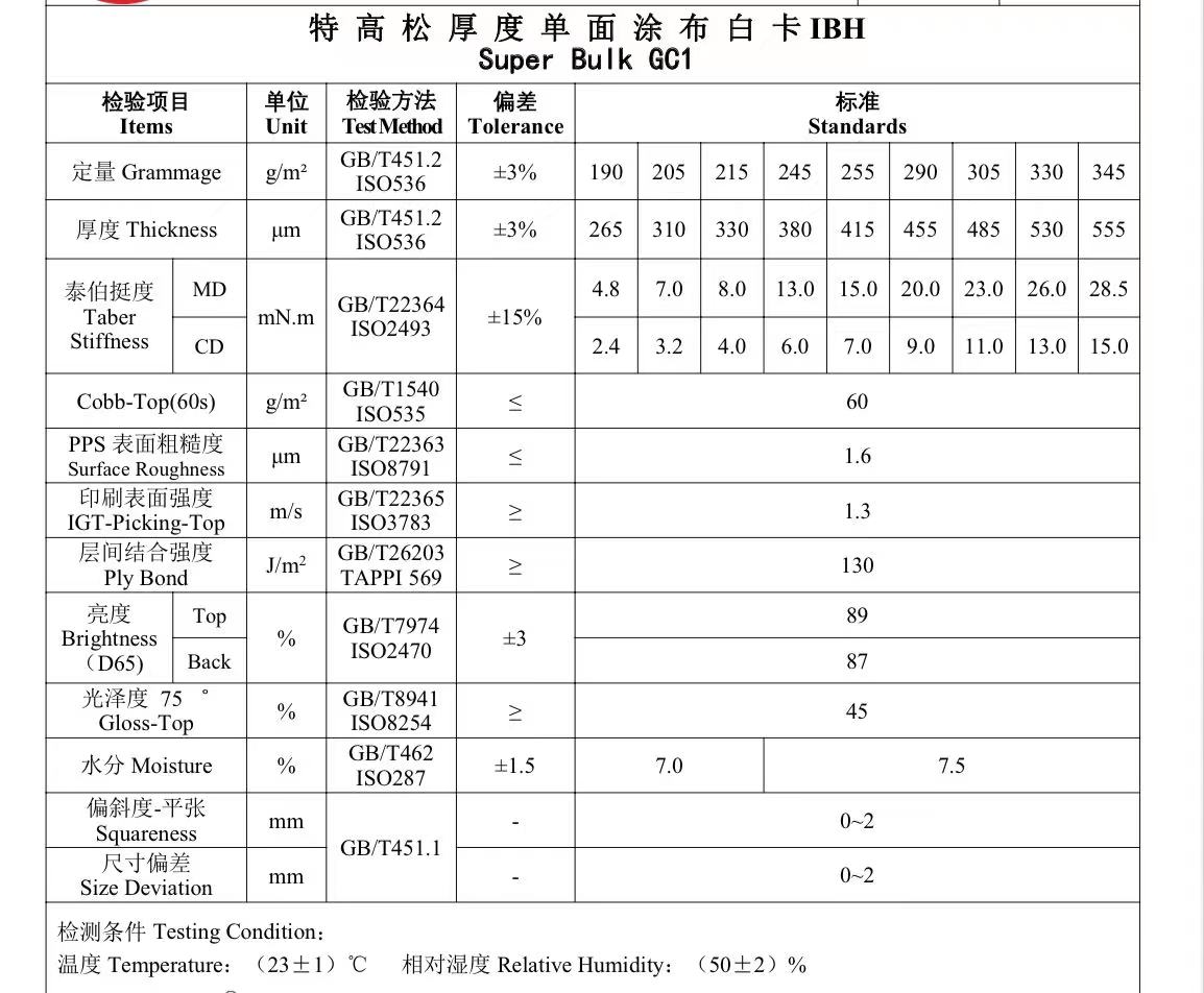 Single Side Coating Ningbo Fold SBS GC1 Chen Ming Food Grade Sheet FBB C1S Ivory Board