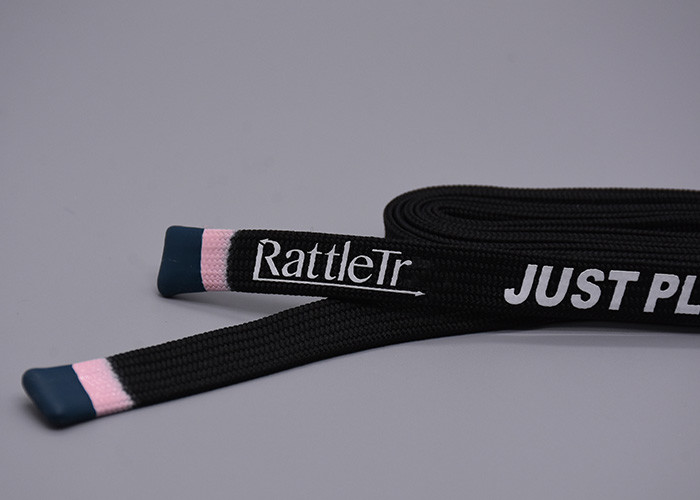 Customized 12mm Elastic Drawstring Cord Renewable Black Hollow With Silk Screen Drop Silicone Tip